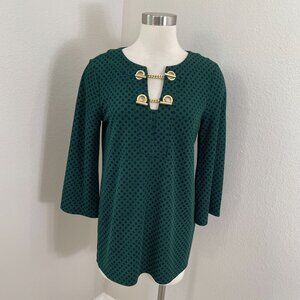 Michael Kors Womens Medium Green Navy Polka Dot Tunic Top Gold Chain Detail